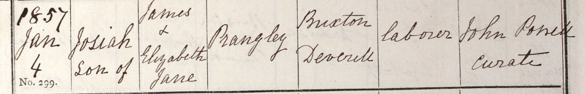 1857 Christening - Josiah Prangley