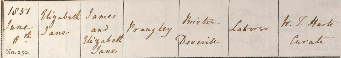 1851 Christening - Elizabeth Jane Prangley