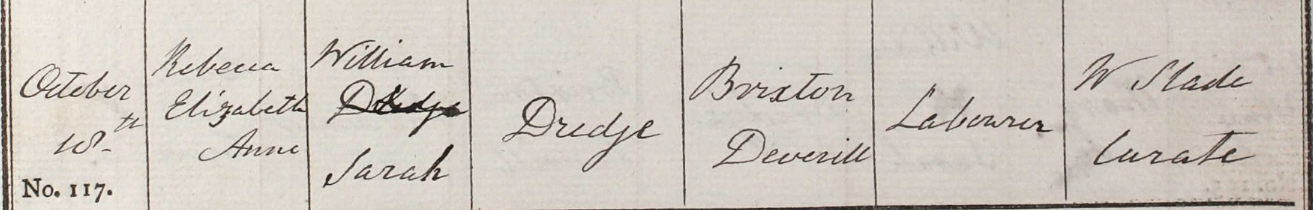 1829 Christening - Rebecca Elizabeth Anne Dredge