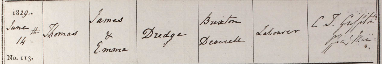 1829 Christening - Thomas Dredge